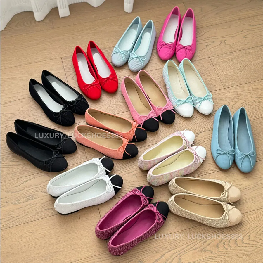 Topkwaliteit doek round-teen bow ballet flats dames loafers bowtie flats jurk schoenen slip op schoen luxe designer schoen platte hak sandaal vakantie bootshoes dames