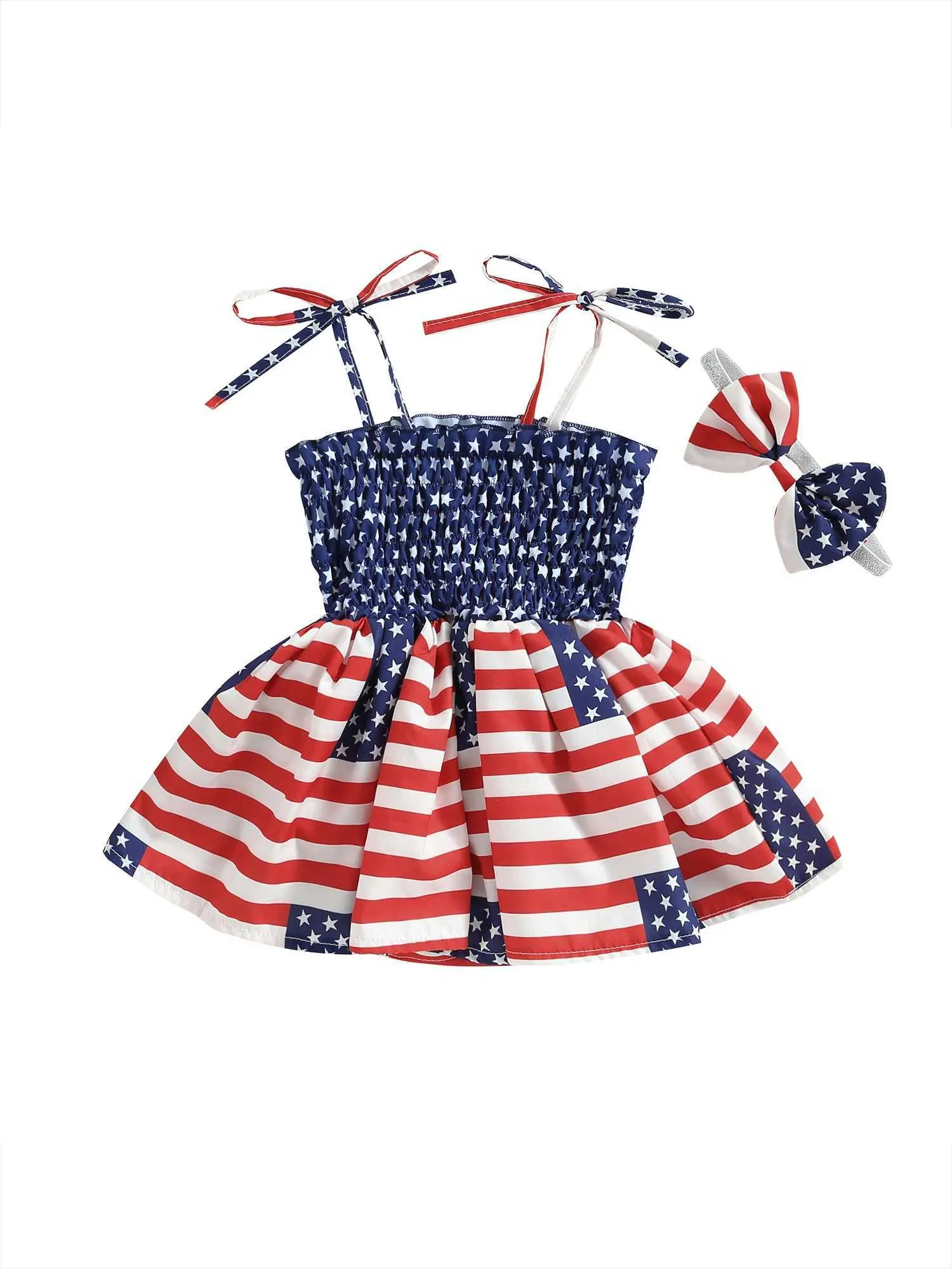 Girl's jurken 4 juli baby babymeisje ruches jurk print korte mouw ruches jumpsuits bodysuits outfit hoofdband h240507