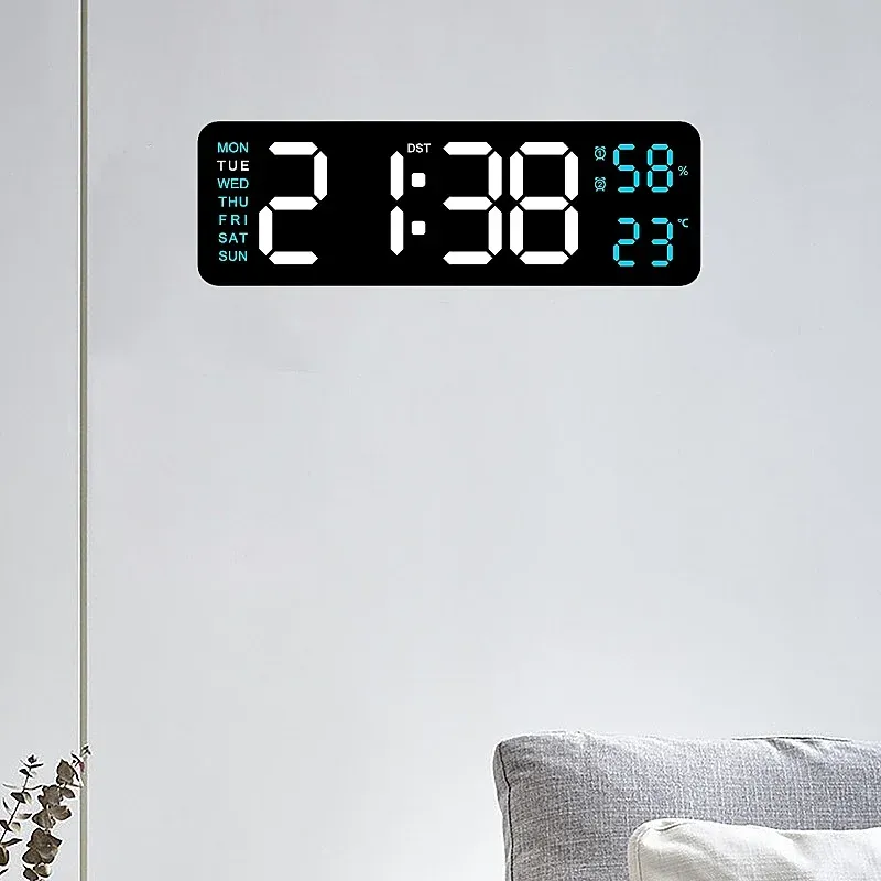 Clocks 9 Inch Plugin Use Large Digital Wall Clock Temperature Humidity Week 2 Alarm Auto Dimmer Snooze 12/24H DST Desk LED Alarm Clock