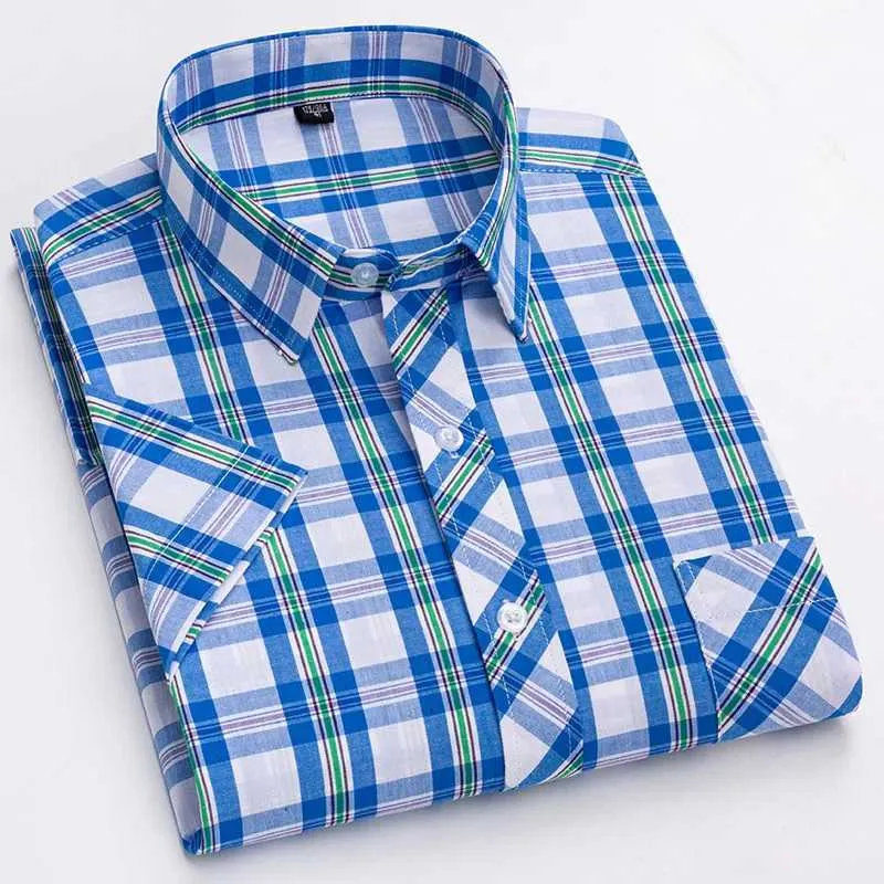 Camisas de vestido masculinas novas camisa 100% pura de algodão pura primavera verão curto xadrez xirtas quadriculadas homens negócios casual com lazer de bolso d240507