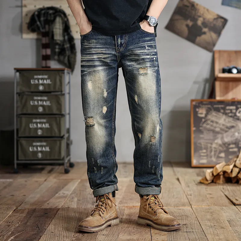 Plus-Größe Herren-zerrissene Jeans, Nostalgie lose Hose mit breitem Bein, 50-142 kg Herrenkleidung