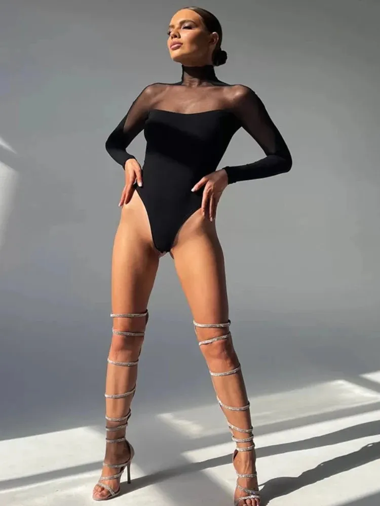 Bodysuit kvinnor sexig transparent turtleneck festivaler kläder mesh topp långärmad tees kvinna dräkt se genom leotard 240423