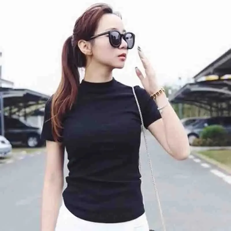 Frauen T-Shirt Frauen solide schwarzes T-Shirt Slim Short Sle T-Shirts Ladies Basic Tee Tops Turtleneck Sommer T-Shirt 2020 D240507