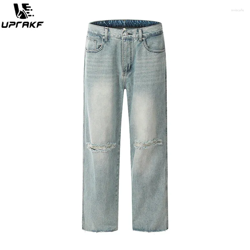 Jeans masculinos uprakf perna direta rasgada de streetwear de verão básica moda moda high street outono casual jeans azul