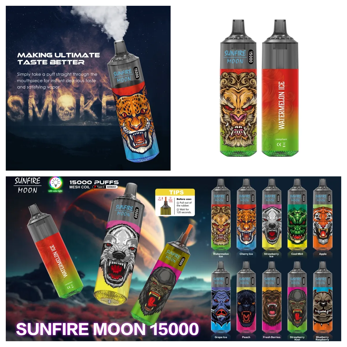 Sunfire 15000 Puffs 15K RVB Vape Vaper 0% 2% 3% 5% Cigarettes électroniques jetables 20 ml Disposables vapes stylo 600mAh vapes rechargeables France, Espagne, Japon Free Free