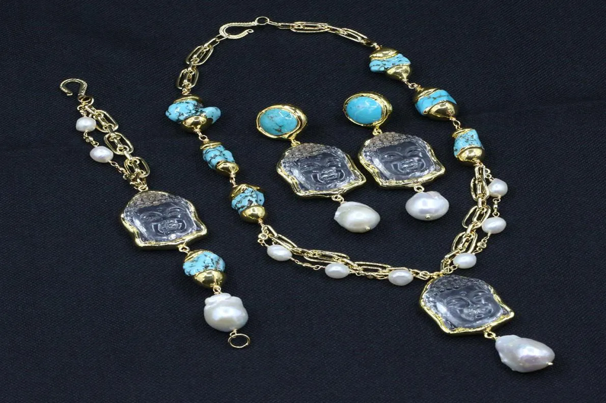 Natürlicher weißer Perle Gold Elektroplattiert türkisklarer Quarz Buddha Kopf Anhänger Halskette Armband Ohrringe Sets9330803