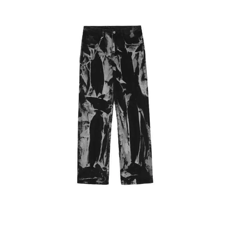 Męskie dżinsy 2021 Dark Streetwear Tie bar barwnik Tassel Zakreserzy mężczyźni proste dżinsy spodnie swobodne kobiety luźne dżinsowe spodnie pantelones J240507