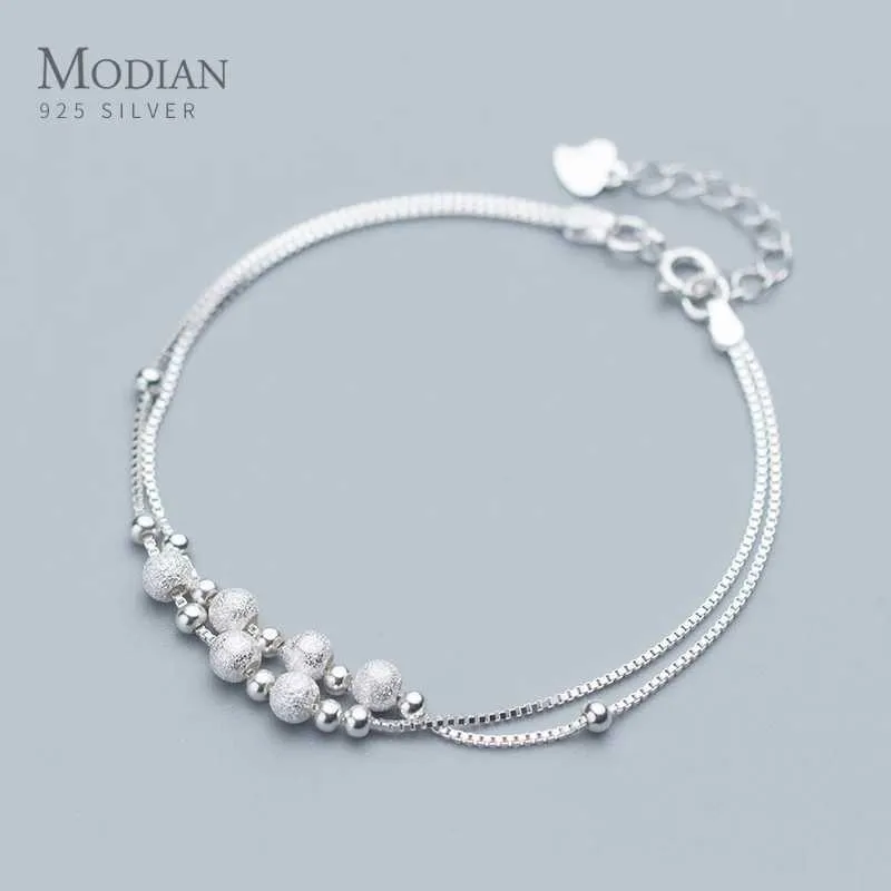 Bangle Modian Fashion Dames Double Box Chain Frosted Ball en Light Bead Pure Silver 925 Exquisite Jewelry 2020 Design Q240506