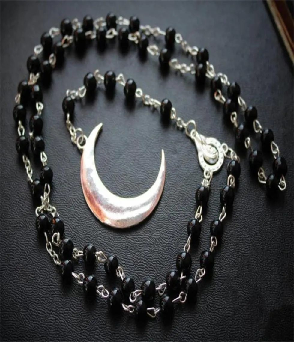 Naszyjniki wiszące długie gotyckie półksiężyc księżyc pentagram naszyjnik Różaniec naszyjnik wicca pogan czarne koraliki urok biżuteria 9261169