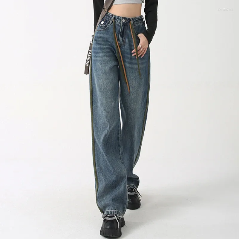 Jeans femininos 2024 Na perna reta retro larga y2k moda verde encadernação lateral tira lateral piso chique calças de jeans de rua chique