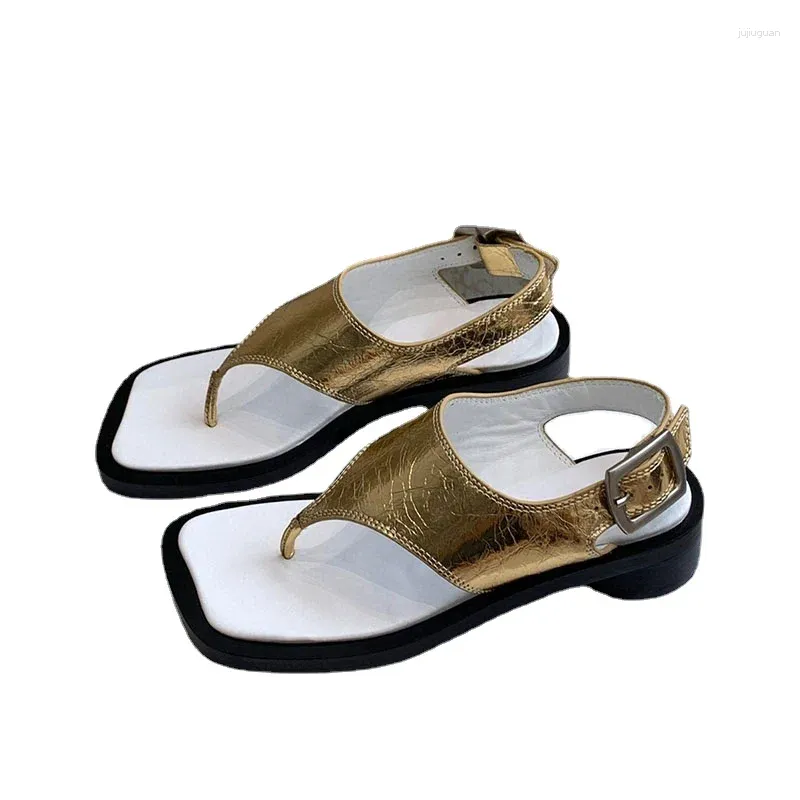 Sandali split di punta di roma sandalo per donna bianco nero in oro rotondo a metà tallone scarpa informatica casual estate vera fibbia in pelle