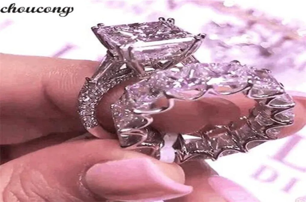 Choucong Brand New Couple Anneaux Bijoux de luxe 925 STERLING Silver Princess Cut White Topaz Large Diamond Women Wedding Bridal Rin7016660