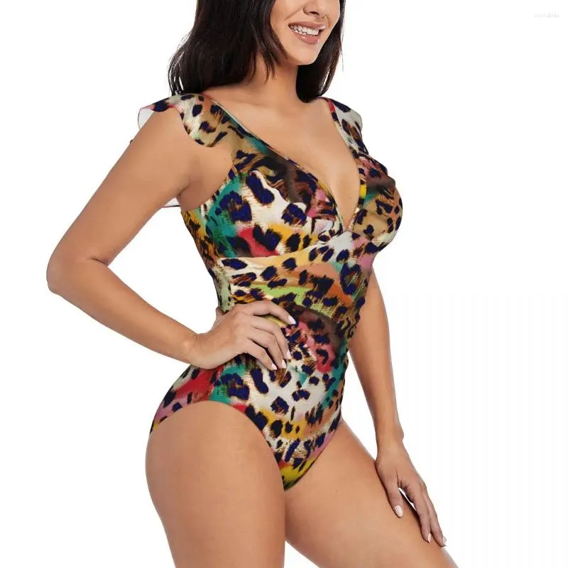 Women's Swimwear Sexy One Piece Swimsuit 2024 Women Leopard Texture Ruffled Monokini Female Bodysuit Girl Beach Bathing Suit