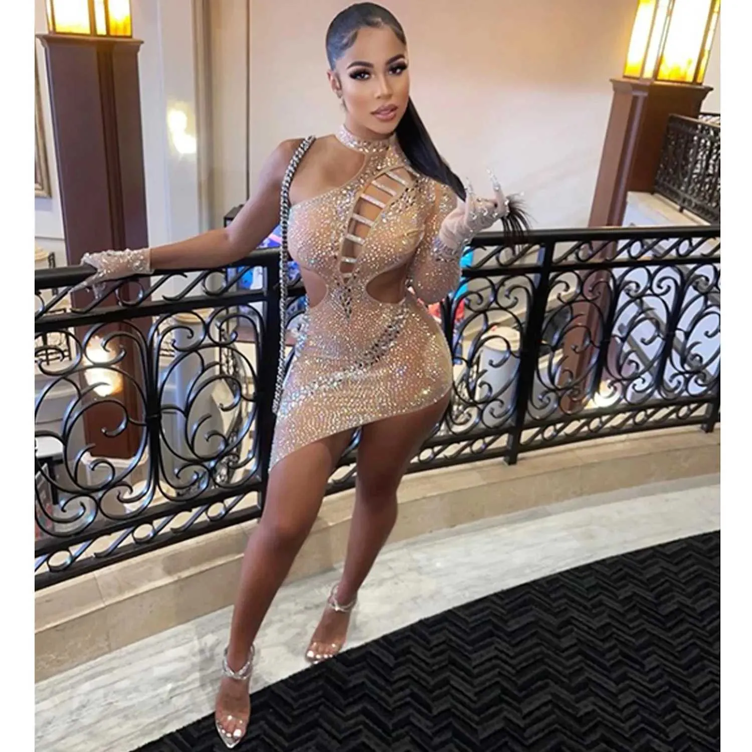 DHgate ANJAMANOR Nude Mesh Crystal Mini Dress Sexy Club Outfit for Ladies Apparel