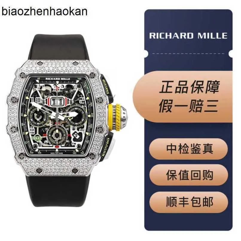 Milles Richamills Watch RM1103 Orijinal Elmas Otomatik Zincirleme Zamanlama Kodu Tablo 18k Platinum Tarih Fonksiyonu Tam Set