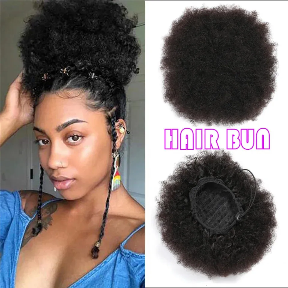 Indian Human Hair Drawring Ponytail Updo Clip In Afro Puff Short Afro Kinky Curly Chignon Bun Non-Remy 240507