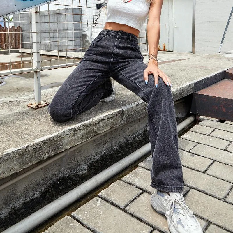 Jeans pour femmes y2k mode femelle sauvage décontractée couleur solide détendue ajusté pantalon de style droit lavé pantalon haute taille streetwear