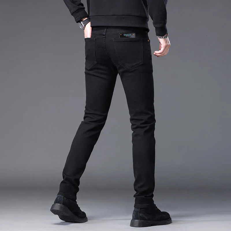 Black Pure Jeans for Mens High-end Design Simple and Versatile Trendy Slim Fit Elastic Small Leg Pants