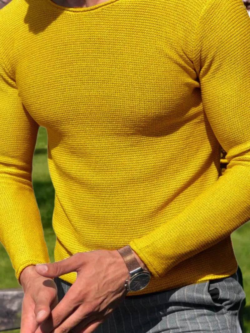 Suéteres masculinos colo redondo de cor sólida cor solta de manga longa de malha de mangas compridas com suéter interno Men suor