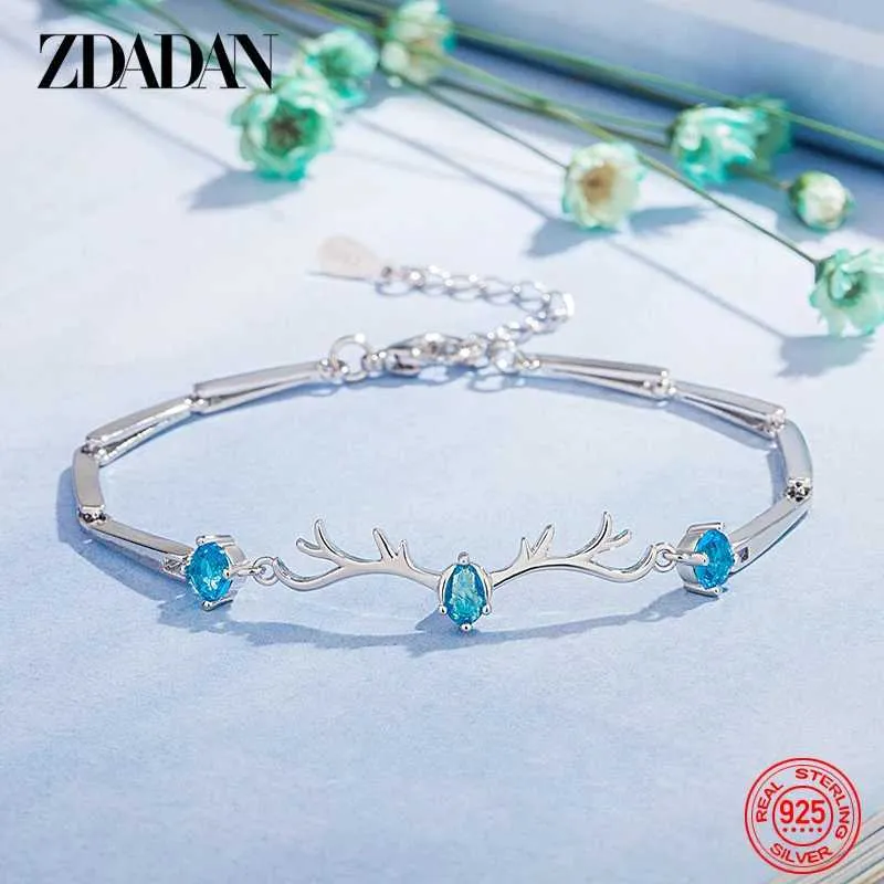 Bangle Zdadan 925 Sterling Silver Blue Crystal Antler Womens Fashion Wedding Jewelry Q240506