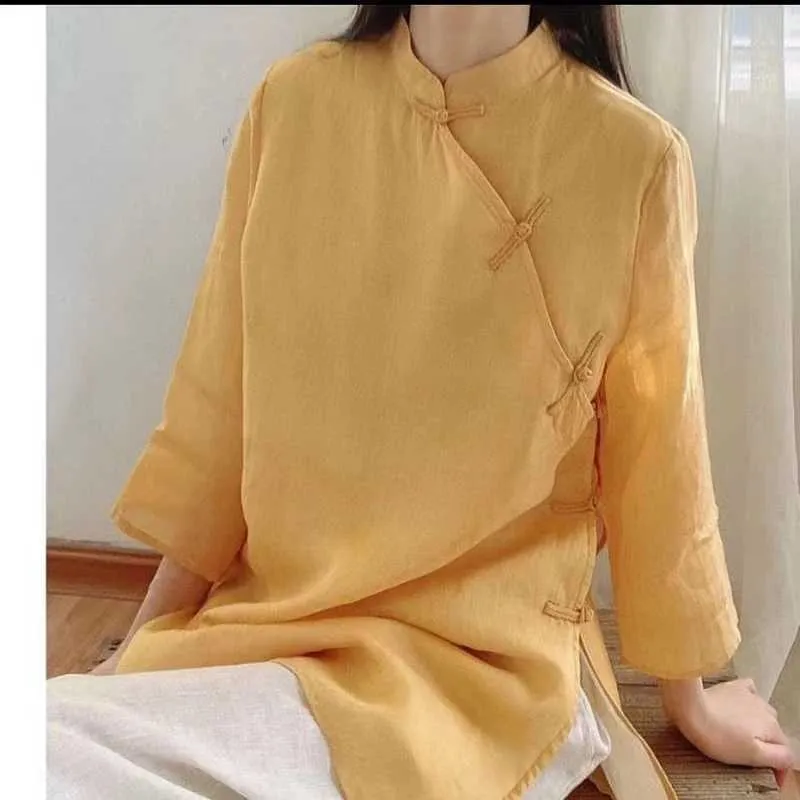 Chemises décontractées pour hommes Line de coton de longueur moyenne traditionnelle chinoise Top Shirt Art Art Couleur solide robe coréenne Robe Qipaol2405