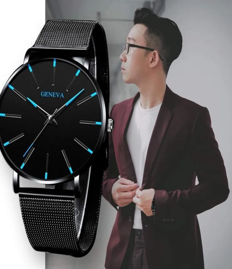 Genève Ultra Thin Thin Mens Watches Blue Pointer Leisure Quartz Wristwatch Rostfritt nät Rem Remplockor Gift Relogio Masculino5789542