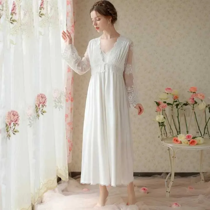 Kadın Uyku Salonu Bahar Sonbahar V Boyun Nightdress İki Parçası Vintage Pamuk Çöp Seti Uzun Pansuman Prenses Beyaz Peignoir Uyku Elbisesi
