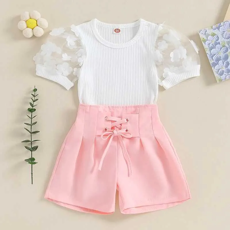 Clothing Sets Kids Clothes Baby Girl Summer 2PCS Outfits Sweet Mesh Short Puff Sleeve Round Neck T-Shirts High Waist Flared Shorts H240507