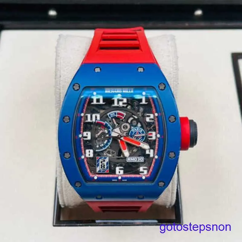 Швейцарские маркировки запястья RIST WATCH RM030 RM030 Blue Ceramic Side Red Paris Limited Dial 42,7*50 мм Полный комплект