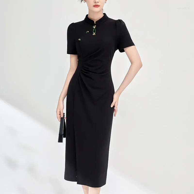 Partykleider chinesischer Stil Frauen Cheongsam Kleid Sommer Kurzarm Elegant für Frauen gestrickt Baumwollfrau Schwarze lange Schlank