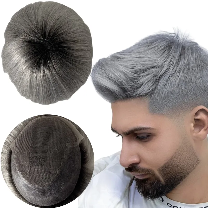 Sostituzione dei capelli umani vergini brasiliani 8x10 Q6 Colore ombre T1B/PU grigio argento con unità in pizzo anteriore per uomini bianchi