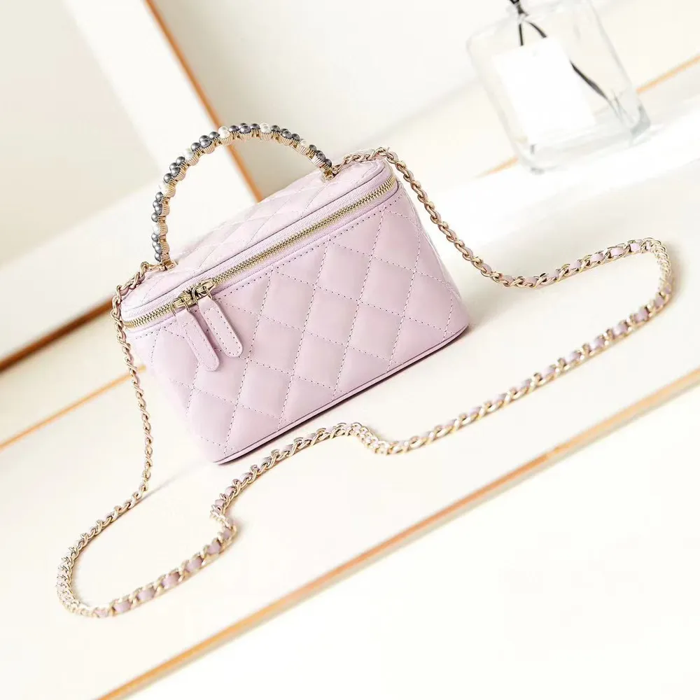 Designer Long Box Bag Mini Vanity Case Bag Pearl Handle Handbags Calfskin Quilted Purse Crossbody Black Shoulder Chain Strap