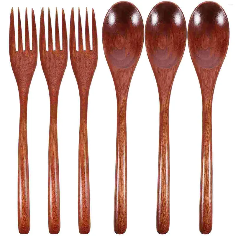 Ensembles de vaisselle 6 PCS Spoon en bois et fourche en deux pièces avec des cuillères de table portable à longue poignée solide