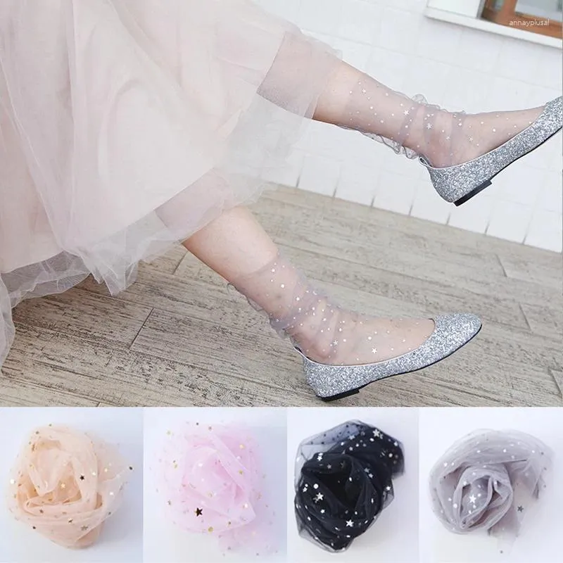 Mulheres meias de design exclusivo de design de renda de renda lua lenha de moda glitter malha para tornozelo altíssimo meias transparentes curtas finas