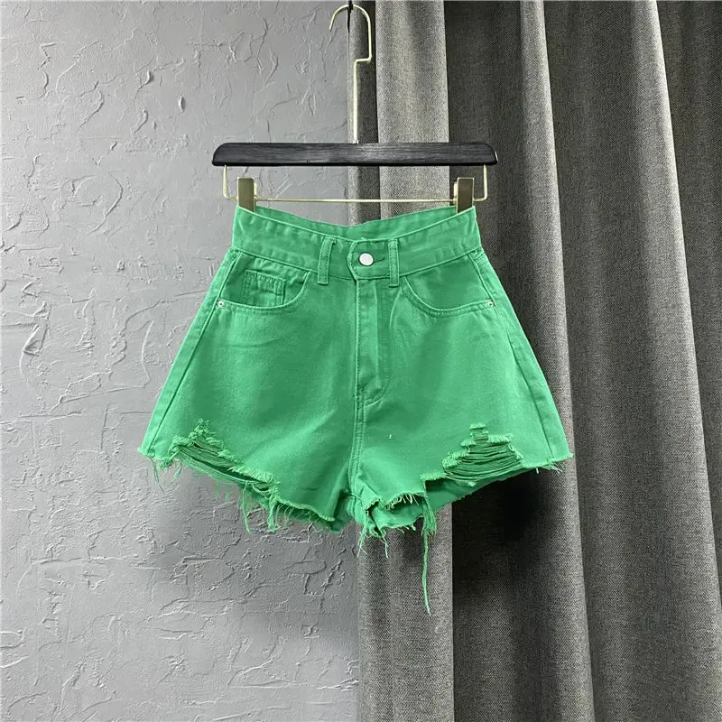 Zomerstijl Wijd been broek snoepkleur gescheurd denim shorts vrouwelijke hoge taille groene a-line dames jeans shorts broek 240506