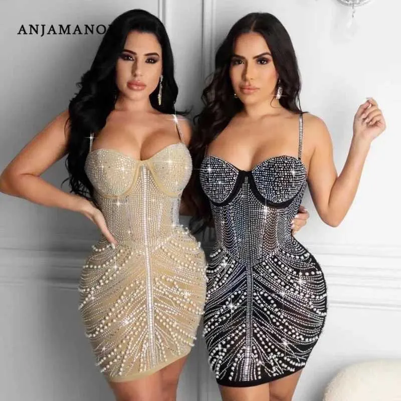 Vestidos sexy urbanos anjamanor vestidos de festa elegantes sexy para mulheres 2021 roupas de luxo de luxo Rhinestones sparks Pearls Bodycon Mini Dress D42-EG35 T240507