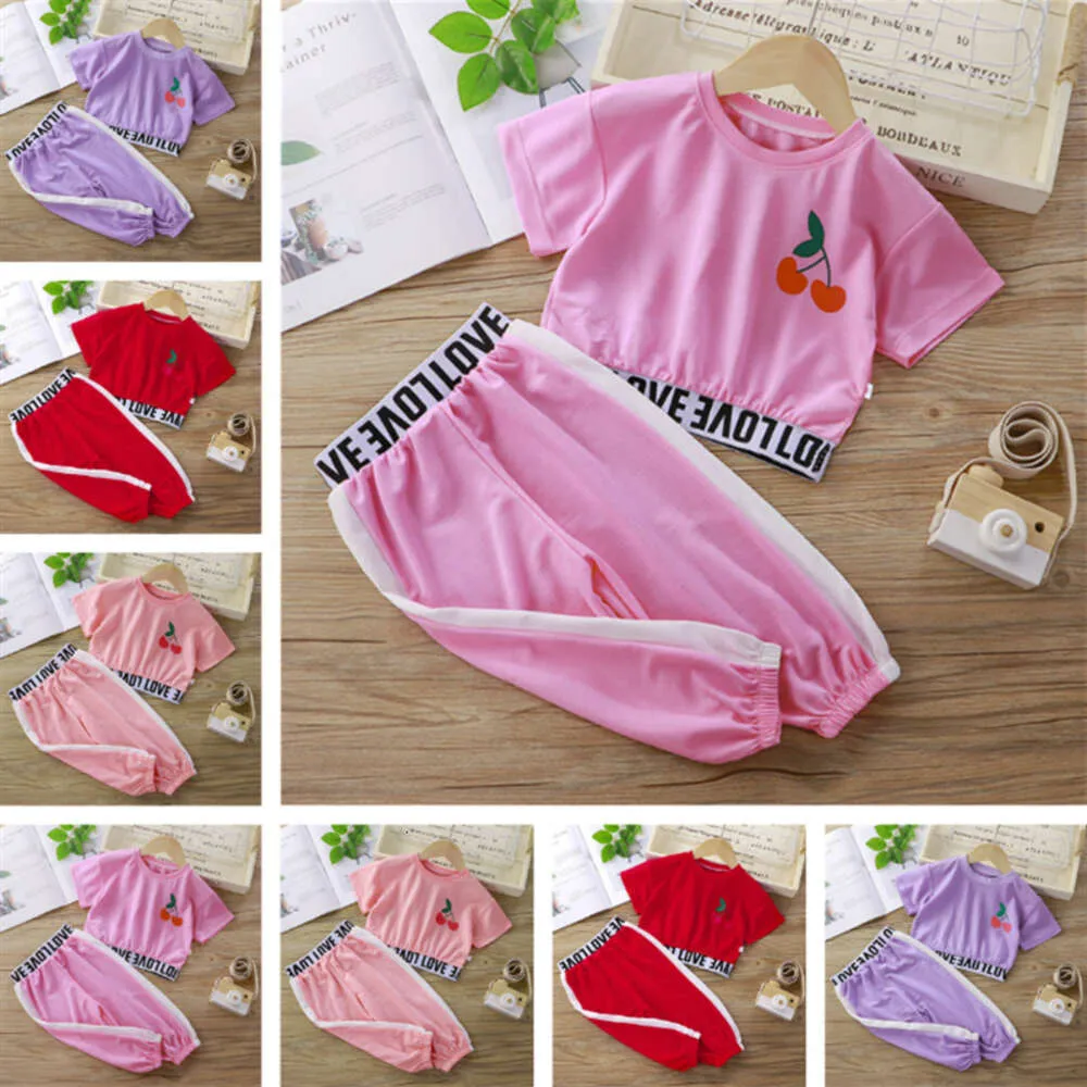 Qinn Baby Kids Tight Summer Odzież Śliczna wiśniowa koszulka z krótkim rękawem Lantern Fashion Suit High Talle Spodnie Ubrania Gorące dziewczyny Dwuczęściowe zestawy przez 1-8 lat