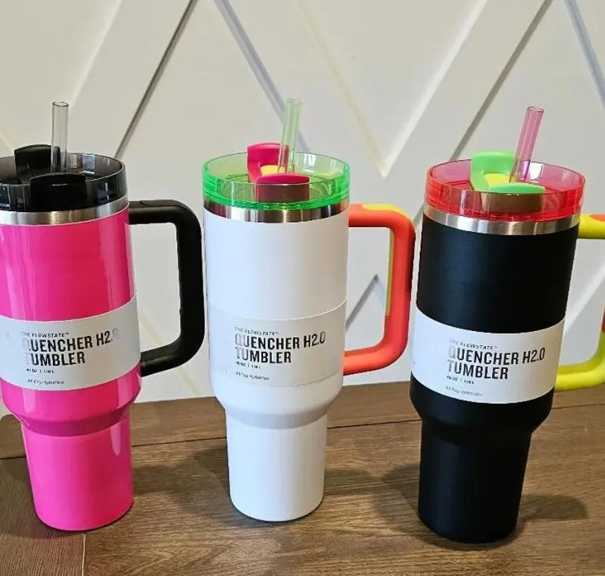 DHL neon roze elektrisch wit zwart 40oz Tumbler Quencher H2.0 roestvrijstalen tuimelaars Cups met handgreep en stro watermeloen Moonshine Car Mokken 0507