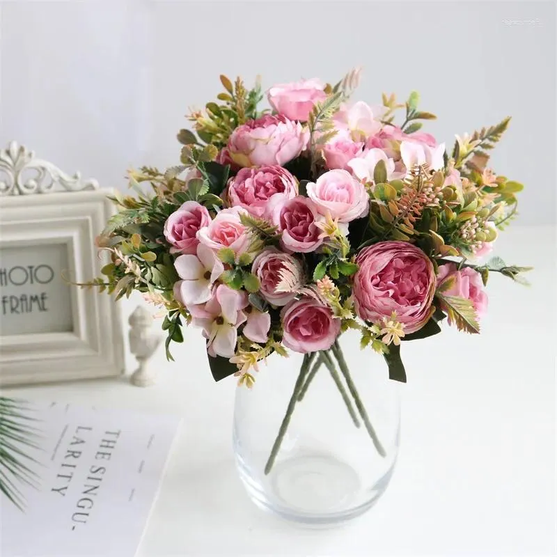 Fleurs décoratives 32 cm Silk Rose Hortensea Peony Flower Simulation bouquet de mariage décoration maison faux décor