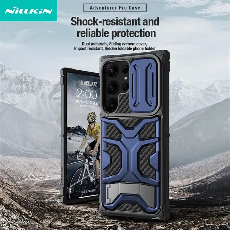 Cas pour Samsung Galaxy S23 Ultra Case Nillkin Adventurer Pro Case Slide Camera Cover pour Samsung S23 Ultra avec support de téléphone caché