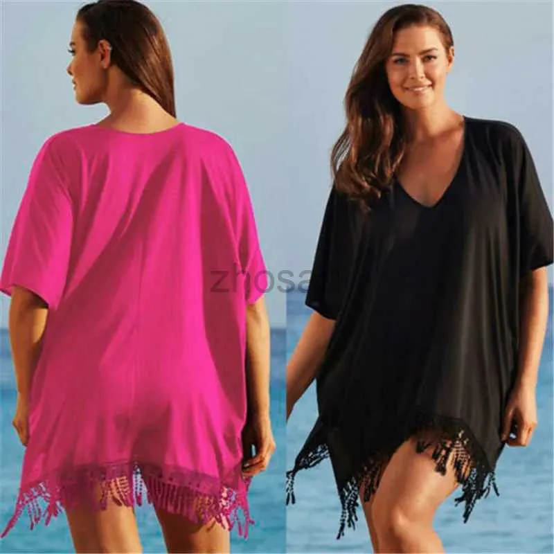 Женская пляжная одежда L-3XL Plus Size Tassel Crochet Tunic Женщины купальные костюмы летние солнцезащитные одежды Прикрытие платье пляжа D240507