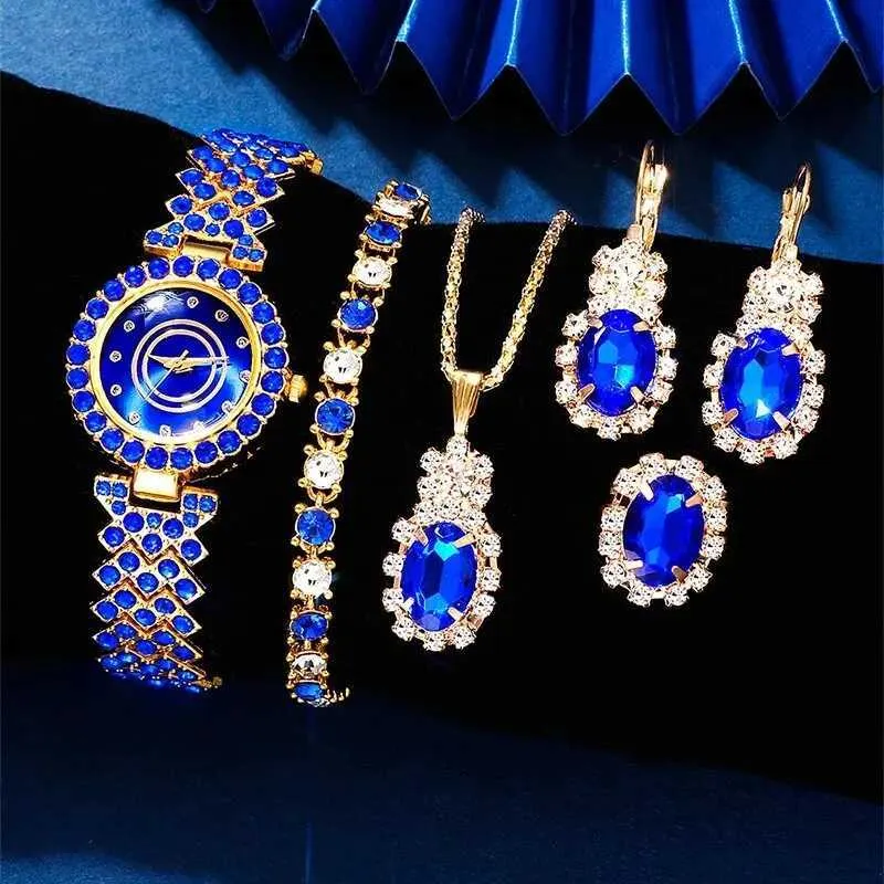 Montres féminines 6pcs Set Blue Luxury Femmes Collier Ring Brouille d'oreille Hingestone Fashion Cheminée Casual Ladies Bracelet es
