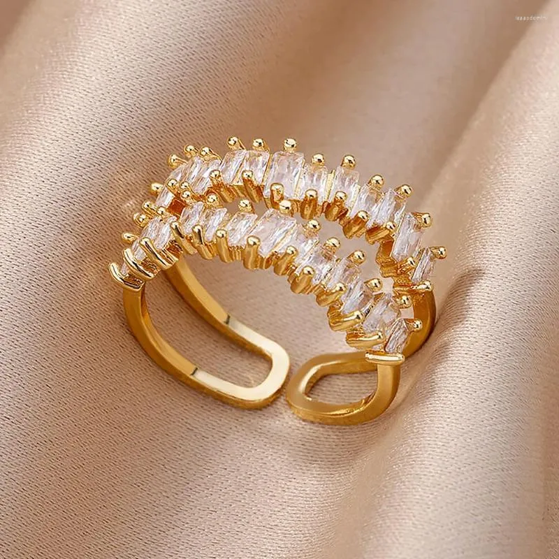 Anelli a cluster a doppio strato zircone per donne anello in acciaio inossidabile oro regolabile 2024 Arete di gioielli estetici di tendenza.