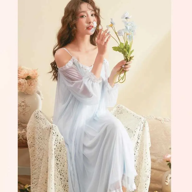 Lounge do sono feminino Sexy Off ombro Sleep Night Dress Women Women Spring Fairy Mesh Long Lace Peignoir Victorian Nightdress