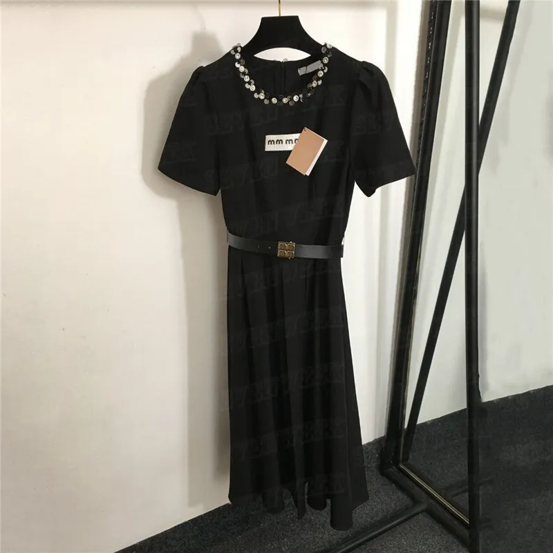 Sequins Letter Womens Dresses With Belt Luxury Fashion Pleated Skirts Summer Short Sleeve Dress For Women