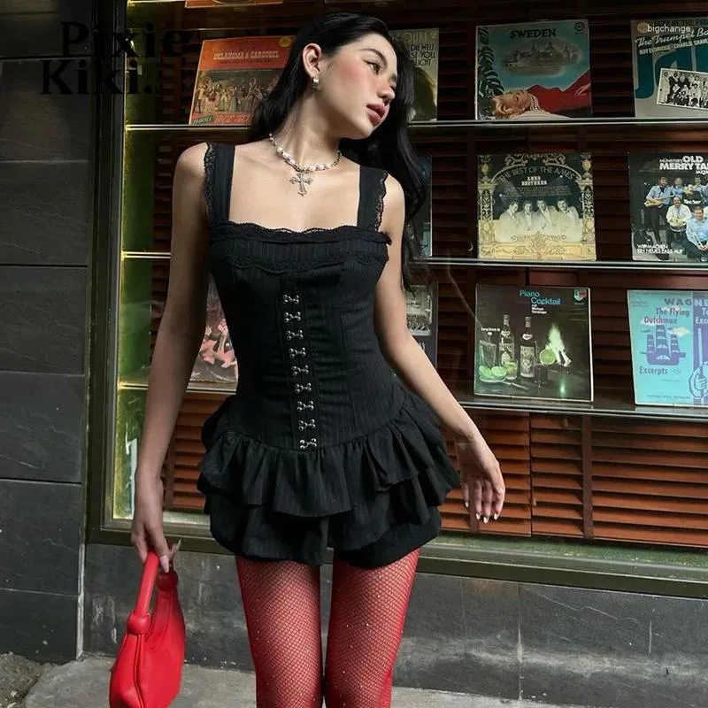 Женские спортивные костюмы Pixiekiki Black Print Print Trim Trim Trim Ruffle Mini Dress Sets Y2K Summer Outfit Co Ords Women 2 Piece Short P33-DC20