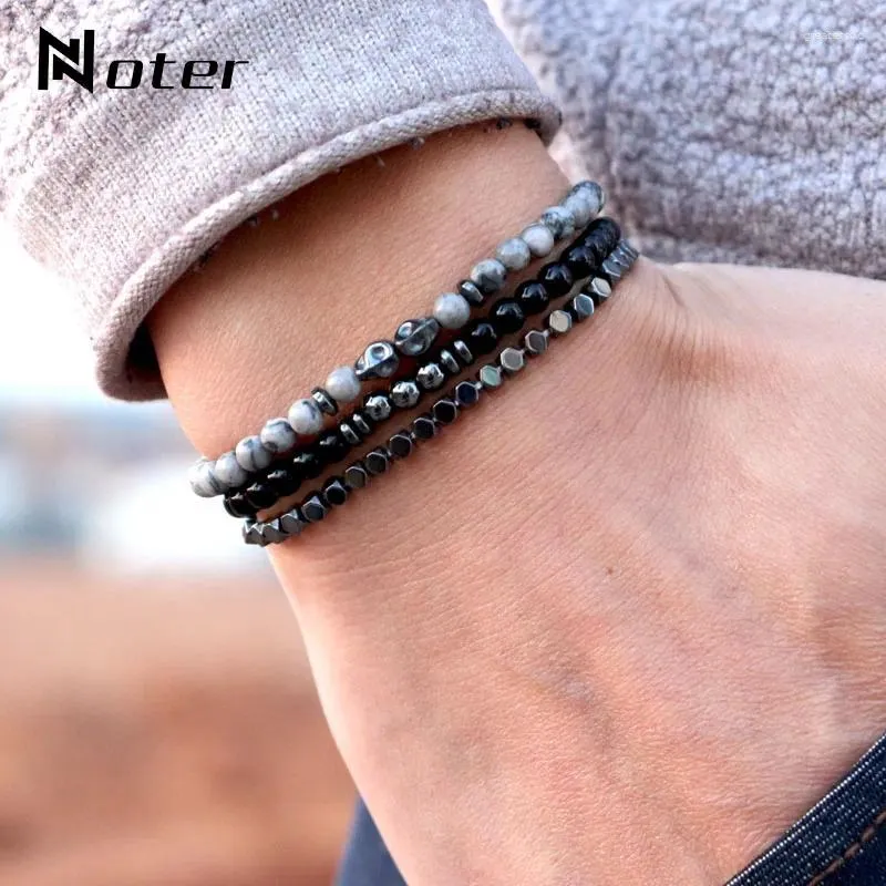 STRAND NOTER 3PCS/SET MENS SKULL BACELPE 4 mm kleine kralen braslet natuurlijke obsidiaan hematiet steen brazalete voor hombre accessoires man