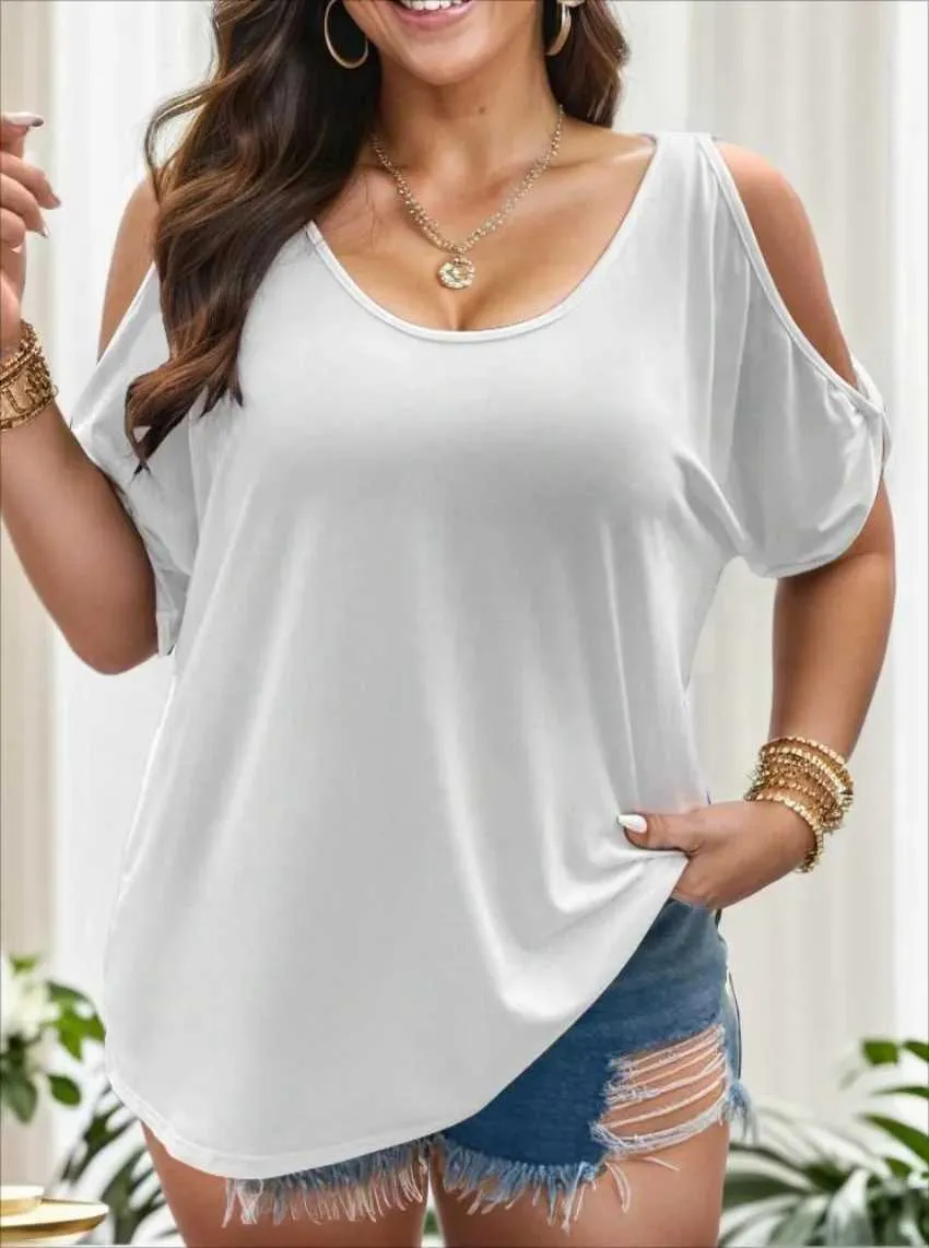 여자 티셔츠 새로운 플러스 사이즈 크기 여성 단색 캐주얼 오프 숄더 티셔츠 D240507