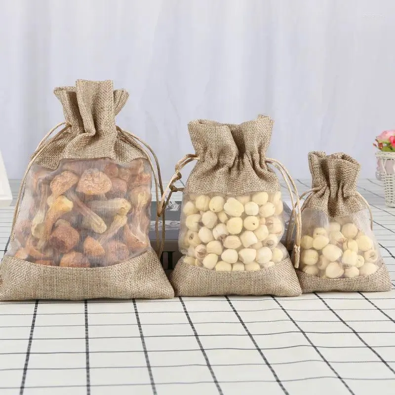 Sacs de rangement 5pcs / lot Organza Jute Burlap DrawString Wedding Party Favors Gift For Coffee Beans Candy Makeup Bijoux Emballage
