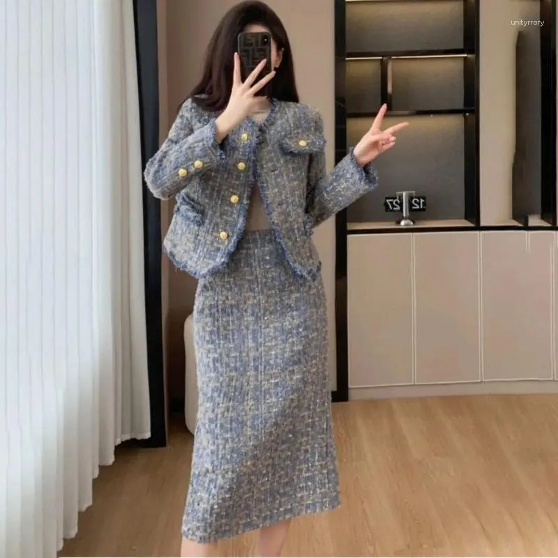 2024 Spring Autumn Tweed Suit Skirt Womens Fashion Tweed Dress Loose Fit Single Breasted Casual Chic Jacket Two Piece Set From Unityrrory 45.76 DHgate.Com